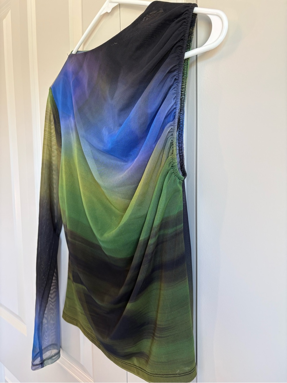 Zara Tulle Printed Asymmetric Top One Sheer Sleeve Green Black Blue Size Large - Picture 4 of 9